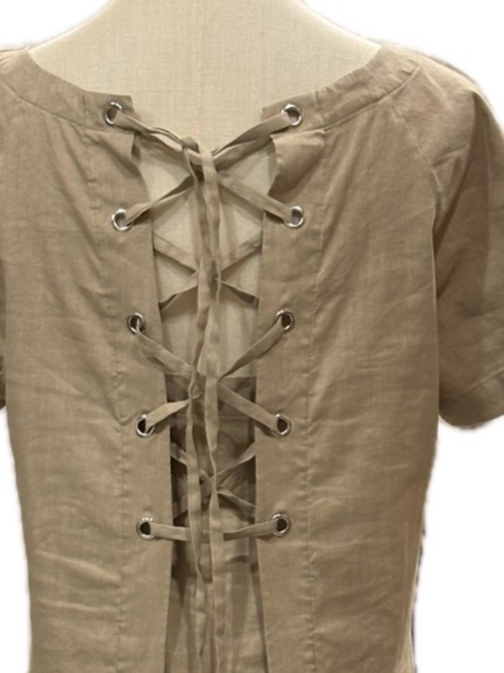 Theory NWOT Linen Blend Lace Up Back Neutral Beige Short Sleeves Dress 6 - Picture 4 of 9